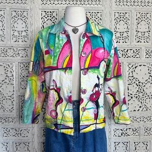 Vtg Life Style Colorful Artsy Music‎ Themed Beaded Jacket Sz Small